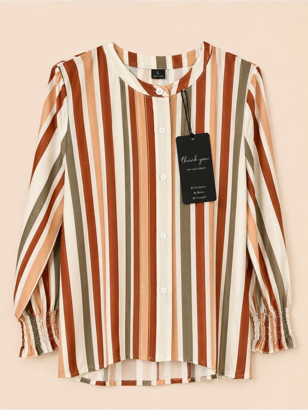 Striped Long Sleeve Button-Front Top - Rust/Olive/Cream